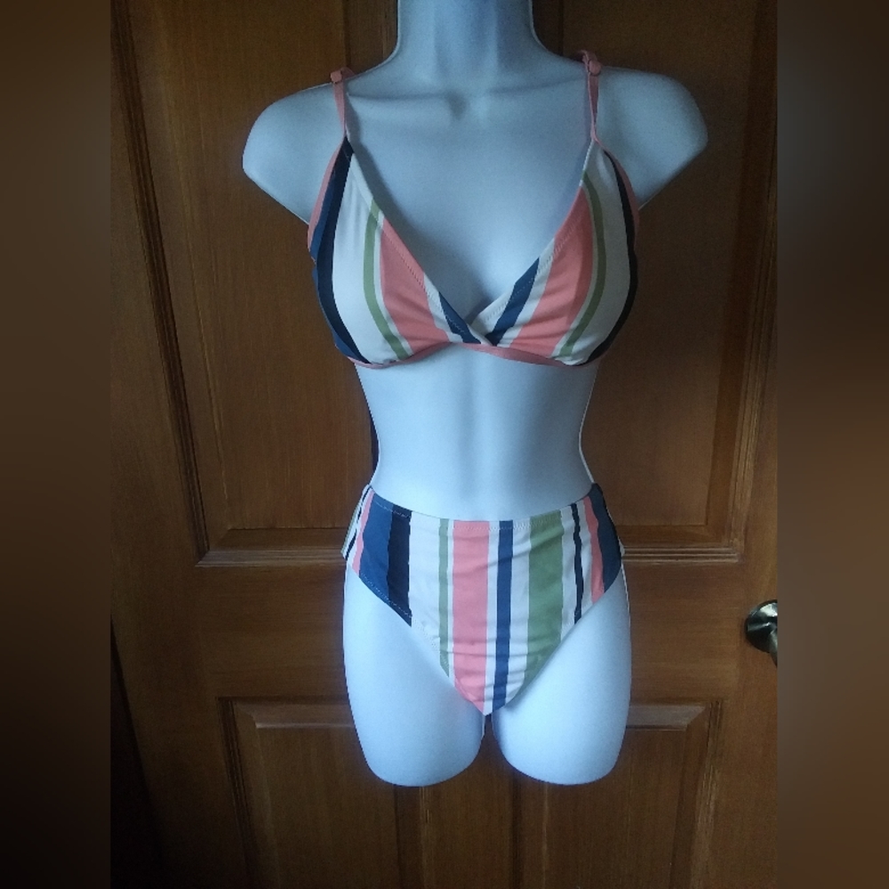 Two piece swimsuit, pastel stripes, size xl